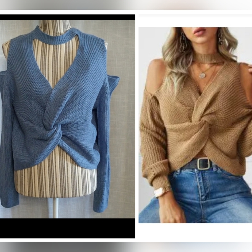Blue Chocker twisted Ribbed Sweater Cold Shoulder Crop Wear Two Ways Size XL